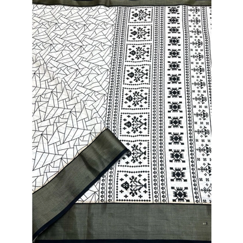 Women's Cotton Silk Printed Saree With Unstitched Blouse 5.5Mtr (White-Black) - Image 4