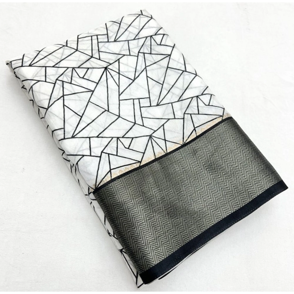 Women's Cotton Silk Printed Saree With Unstitched Blouse 5.5Mtr (White-Black) - Image 3