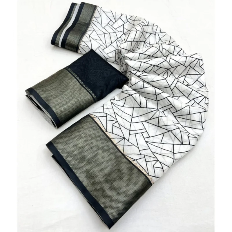 Alternative view of Women's Cotton Silk Printed Saree With Unstitched Blouse 5.5Mtr (White-Black)