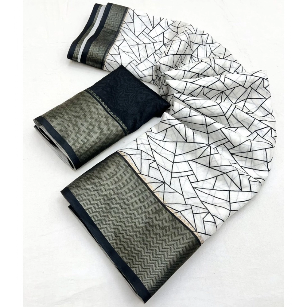Women's Cotton Silk Printed Saree With Unstitched Blouse 5.5Mtr (White-Black) - Image 2
