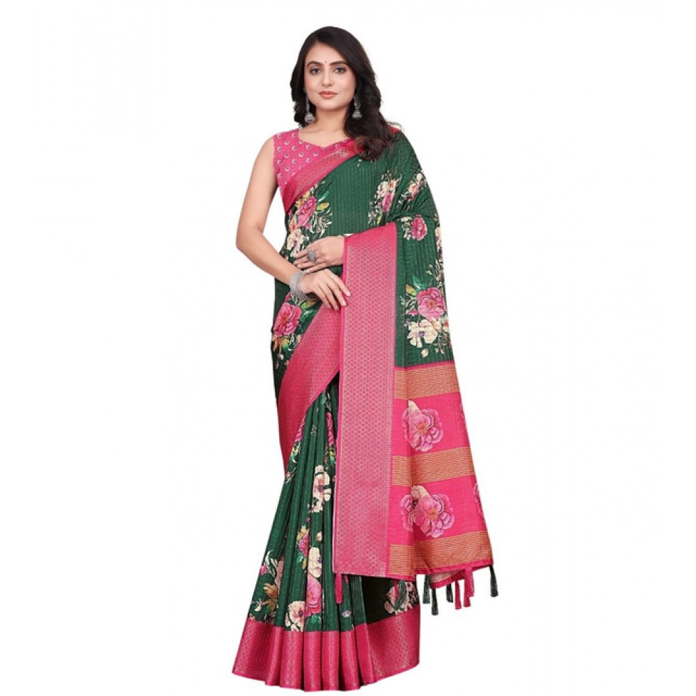 Women's Cotton Blend Floral Printed Saree With Unstitched Blouse 5.5Mtr (Green) - Image 7