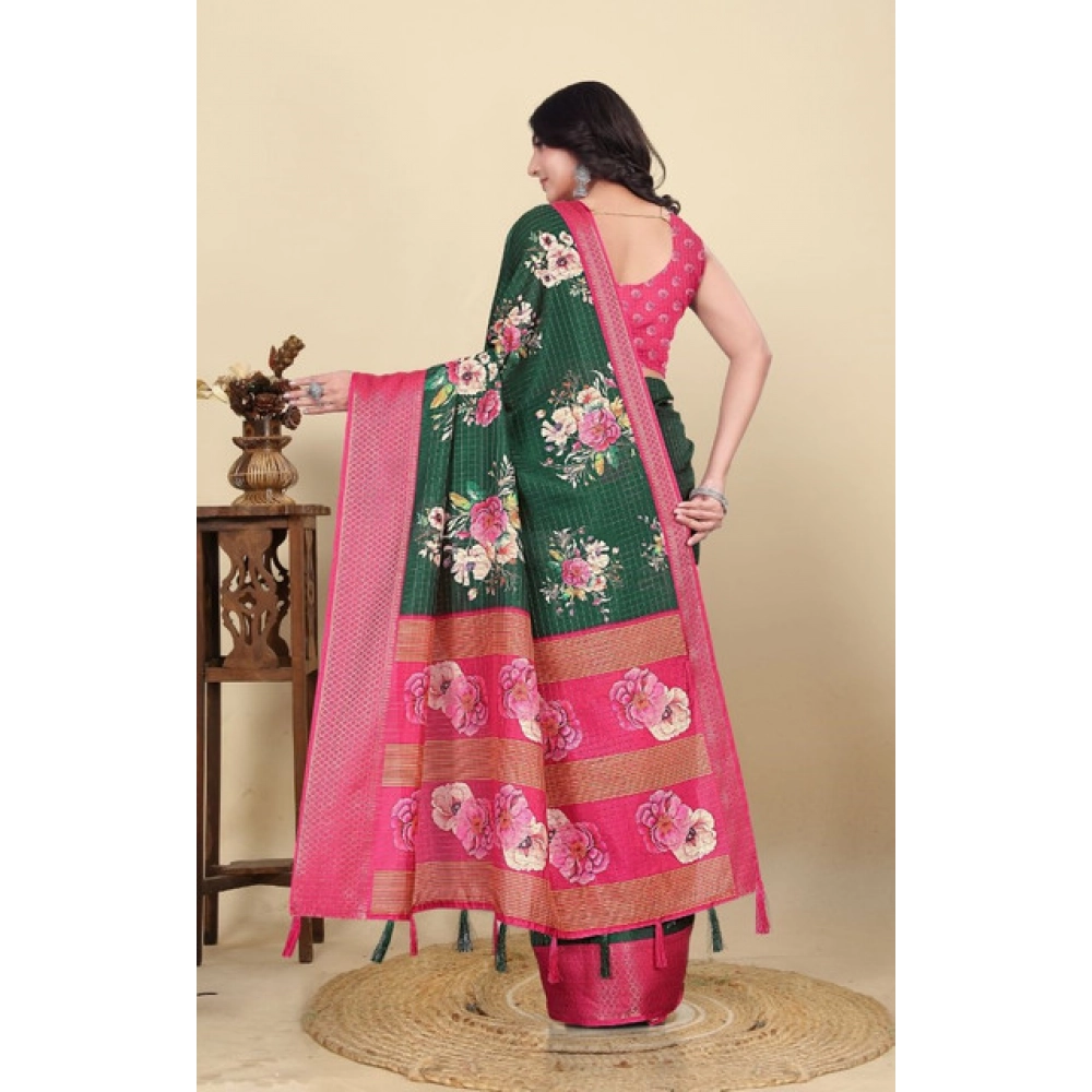Women's Cotton Blend Floral Printed Saree With Unstitched Blouse 5.5Mtr (Green) - Image 6