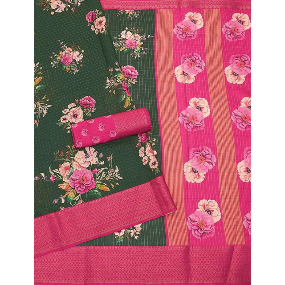 Women's Cotton Blend Floral Printed Saree With Unstitched Blouse 5.5Mtr (Green) - Image 4