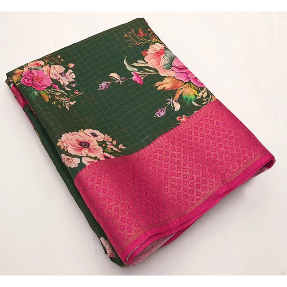 Women's Cotton Blend Floral Printed Saree With Unstitched Blouse 5.5Mtr (Green) - Image 3