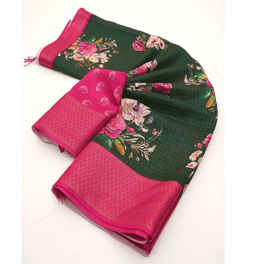 Women's Cotton Blend Floral Printed Saree With Unstitched Blouse 5.5Mtr (Green) - Image 2