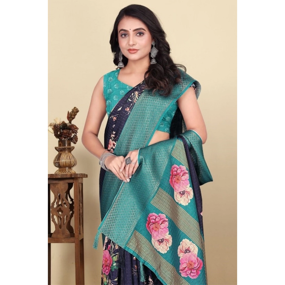 Women's Cotton Blend Floral Printed Saree With Unstitched Blouse 5.5Mtr (Navy Blue)