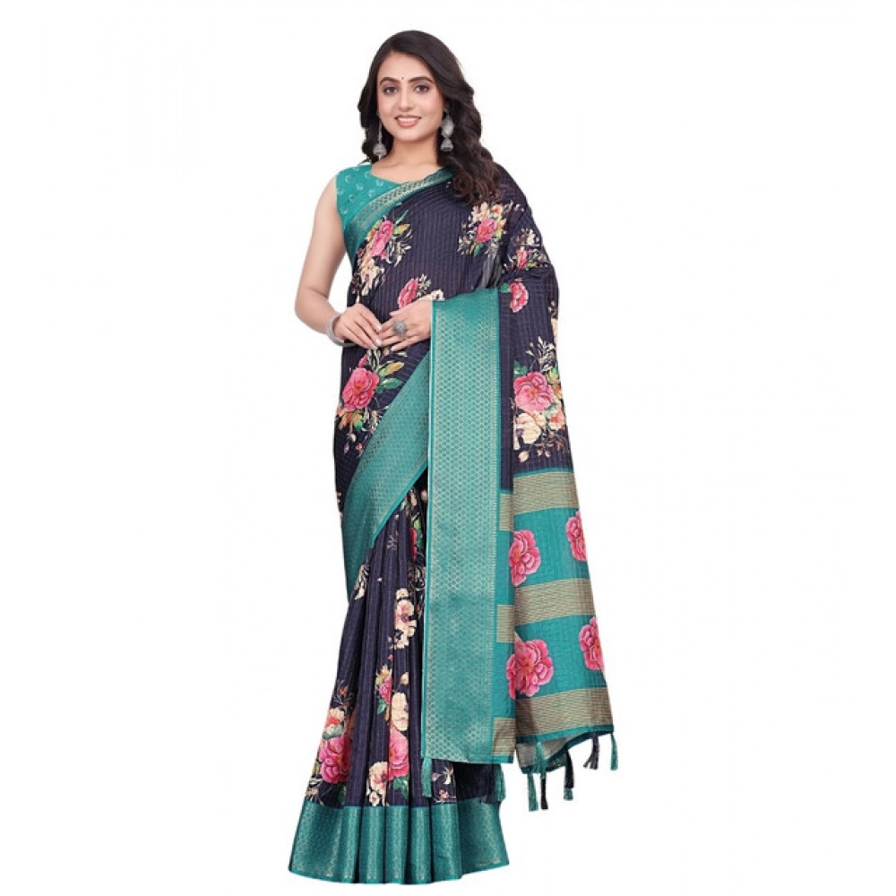 Women's Cotton Blend Floral Printed Saree With Unstitched Blouse 5.5Mtr (Navy Blue) - Image 7