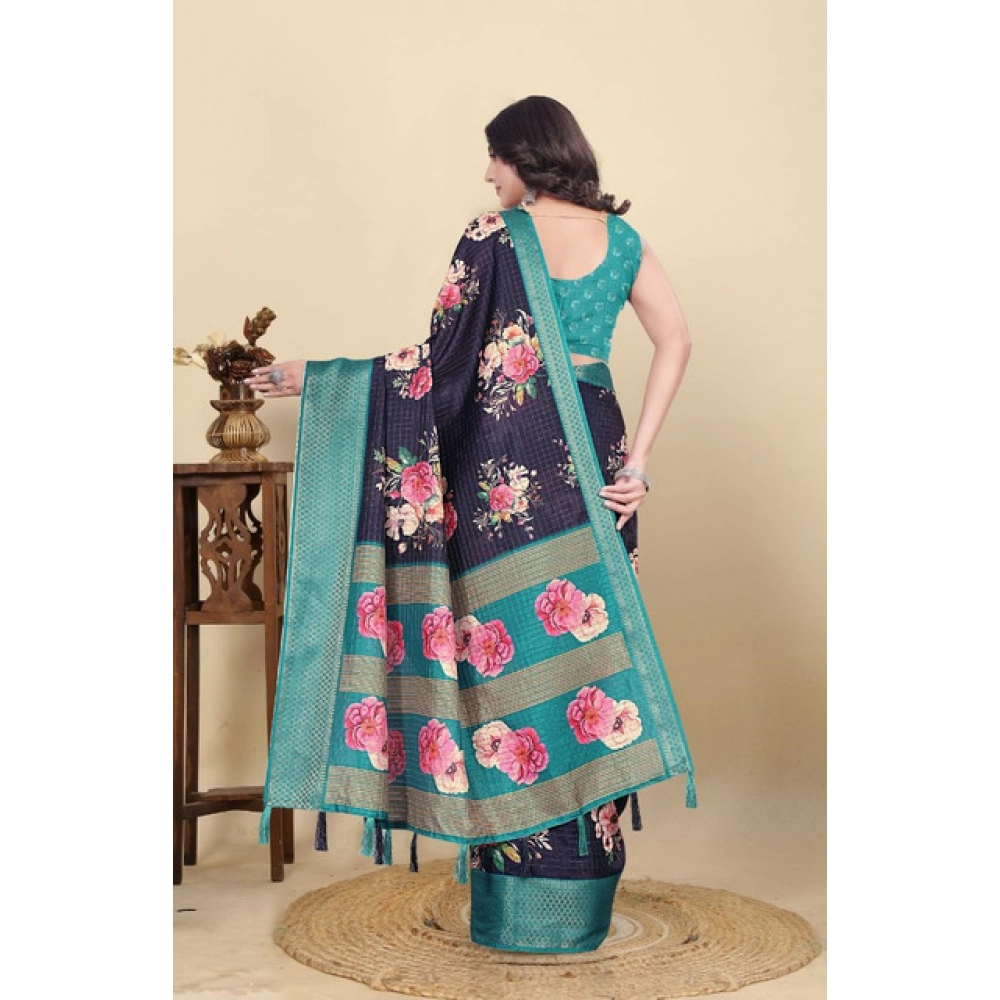 Women's Cotton Blend Floral Printed Saree With Unstitched Blouse 5.5Mtr (Navy Blue) - Image 6