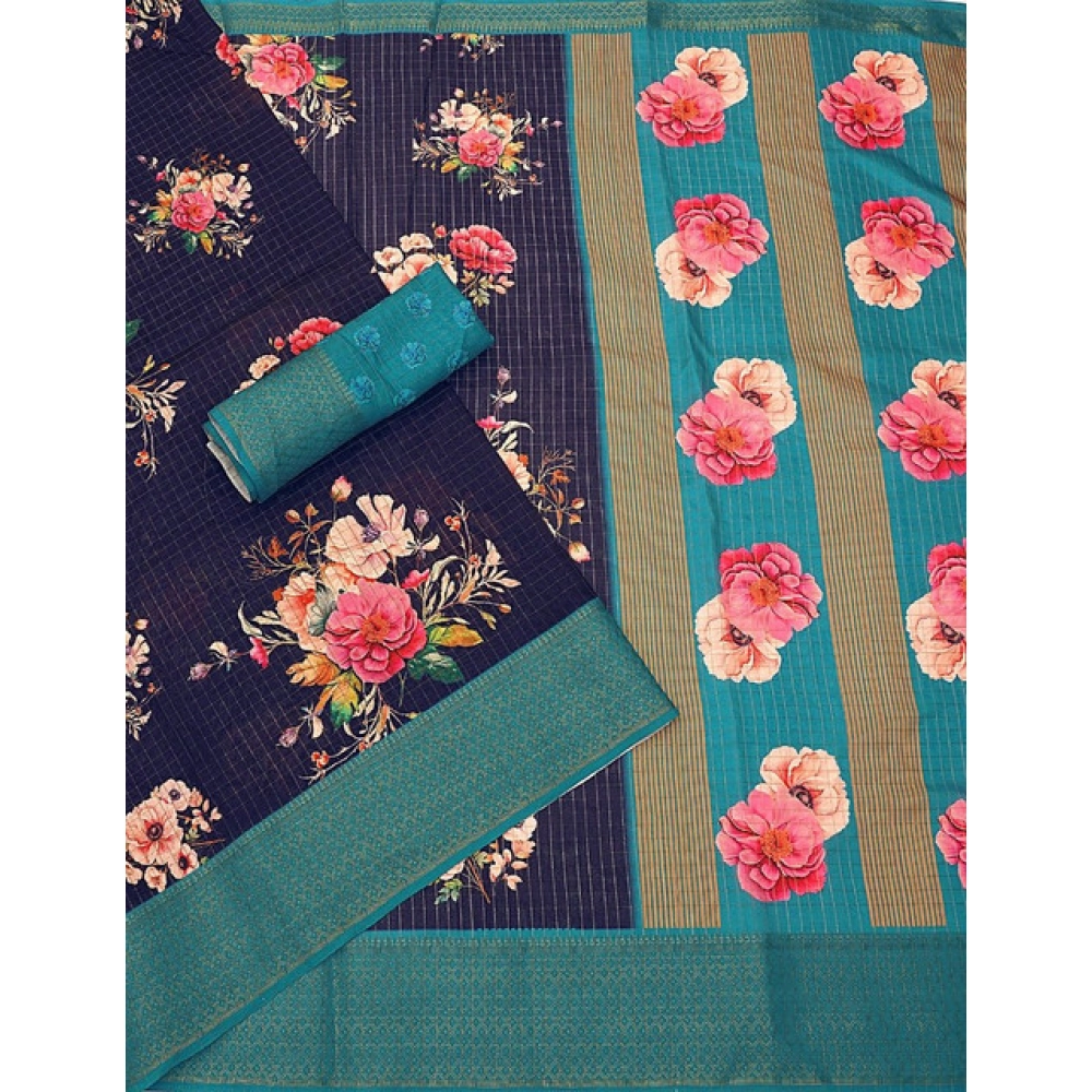 Women's Cotton Blend Floral Printed Saree With Unstitched Blouse 5.5Mtr (Navy Blue) - Image 4