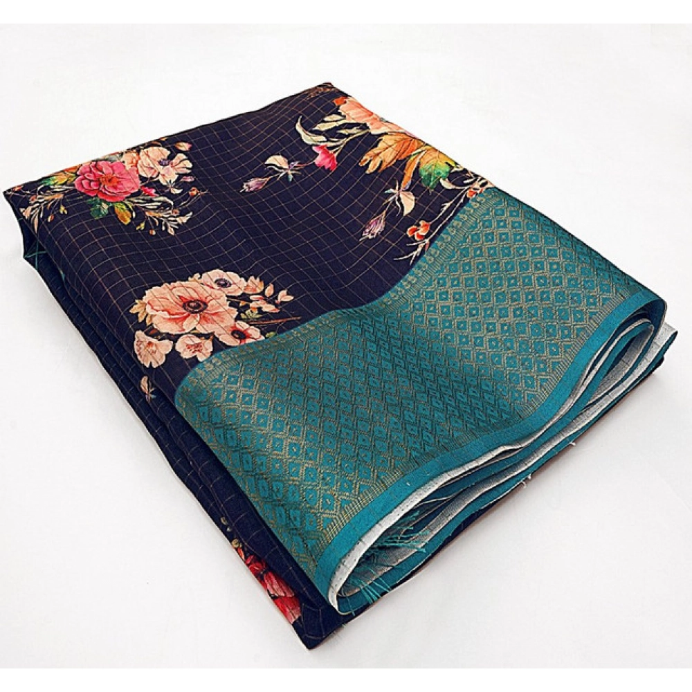 Women's Cotton Blend Floral Printed Saree With Unstitched Blouse 5.5Mtr (Navy Blue) - Image 3