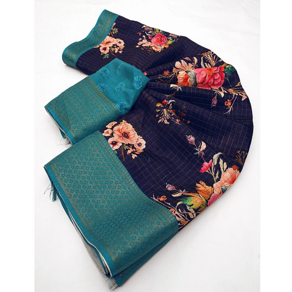Women's Cotton Blend Floral Printed Saree With Unstitched Blouse 5.5Mtr (Navy Blue) - Image 2