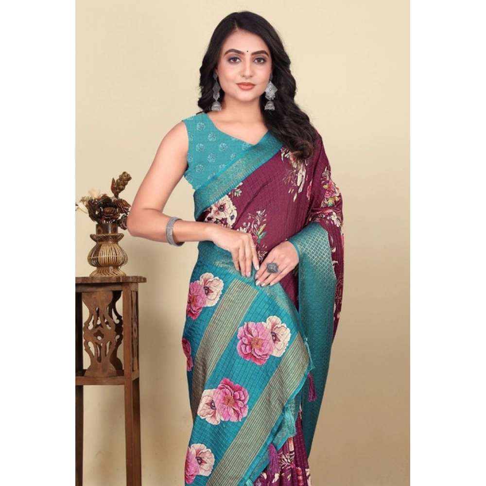 Women's Cotton Blend Floral Printed Saree With Unstitched Blouse 5.5Mtr (Maroon)