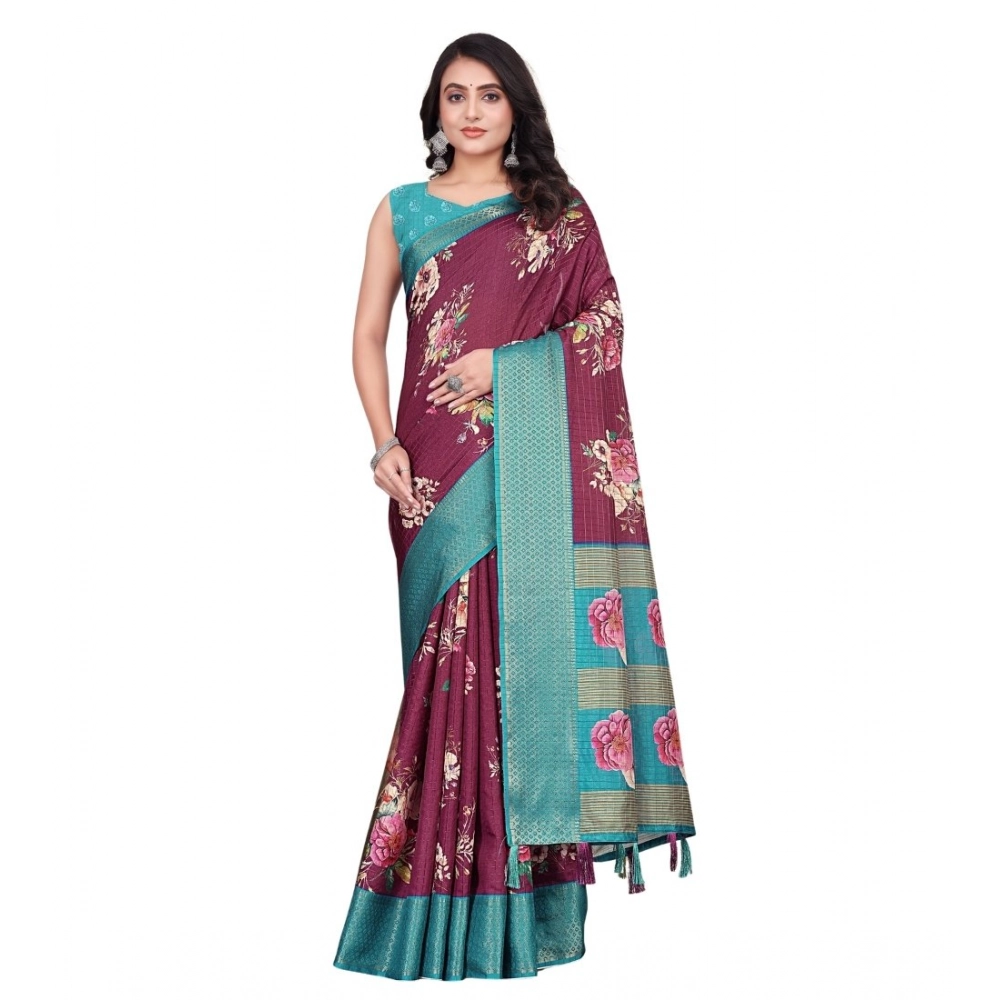 Women's Cotton Blend Floral Printed Saree With Unstitched Blouse 5.5Mtr (Maroon) - Image 2
