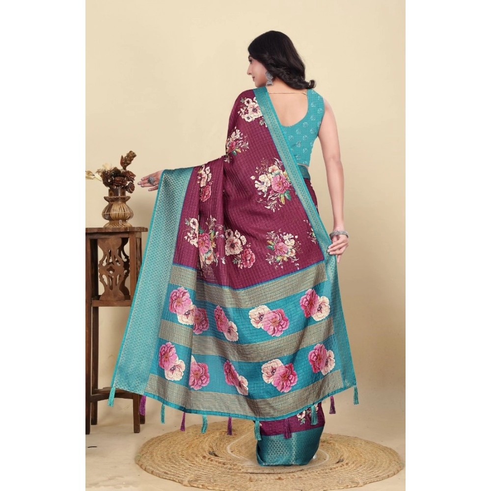 Women's Cotton Blend Floral Printed Saree With Unstitched Blouse 5.5Mtr (Maroon) - Image 3