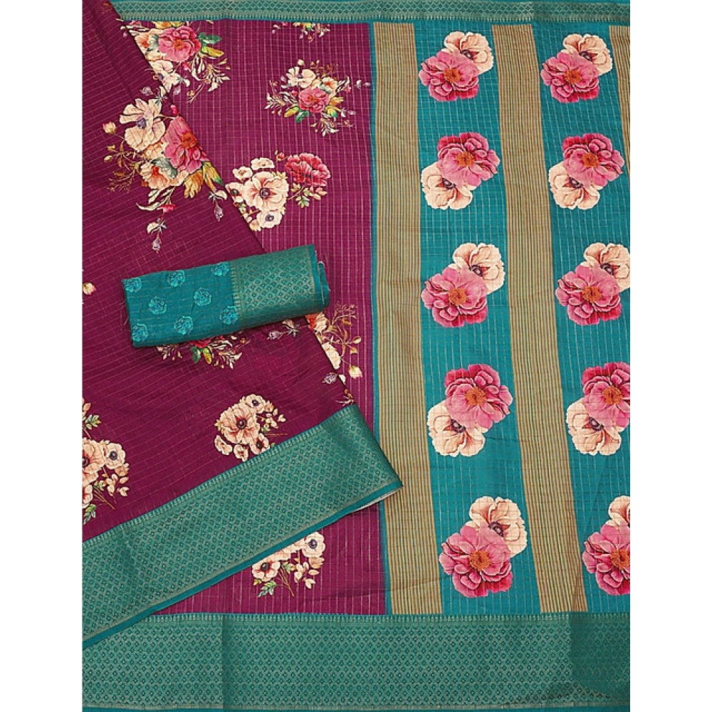 Women's Cotton Blend Floral Printed Saree With Unstitched Blouse 5.5Mtr (Maroon) - Image 5