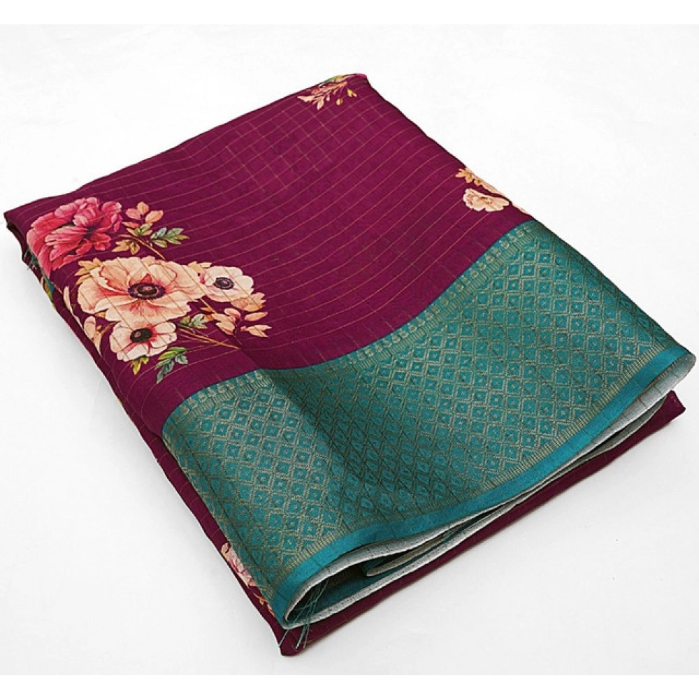 Women's Cotton Blend Floral Printed Saree With Unstitched Blouse 5.5Mtr (Maroon) - Image 6