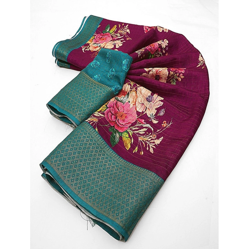 Women's Cotton Blend Floral Printed Saree With Unstitched Blouse 5.5Mtr (Maroon) - Image 7