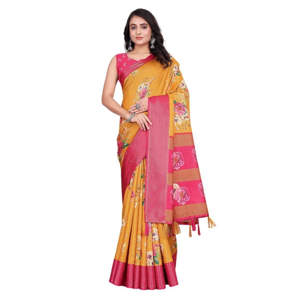 Women's Cotton Blend Floral Printed Saree With Unstitched Blouse 5.5Mtr (Yellow) - Image 7