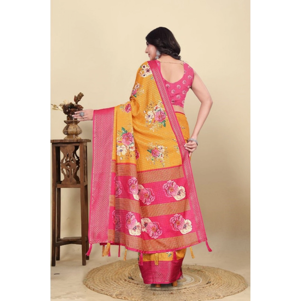 Women's Cotton Blend Floral Printed Saree With Unstitched Blouse 5.5Mtr (Yellow) - Image 6