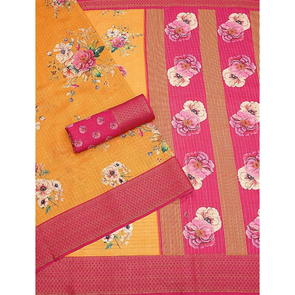 Women's Cotton Blend Floral Printed Saree With Unstitched Blouse 5.5Mtr (Yellow) - Image 4