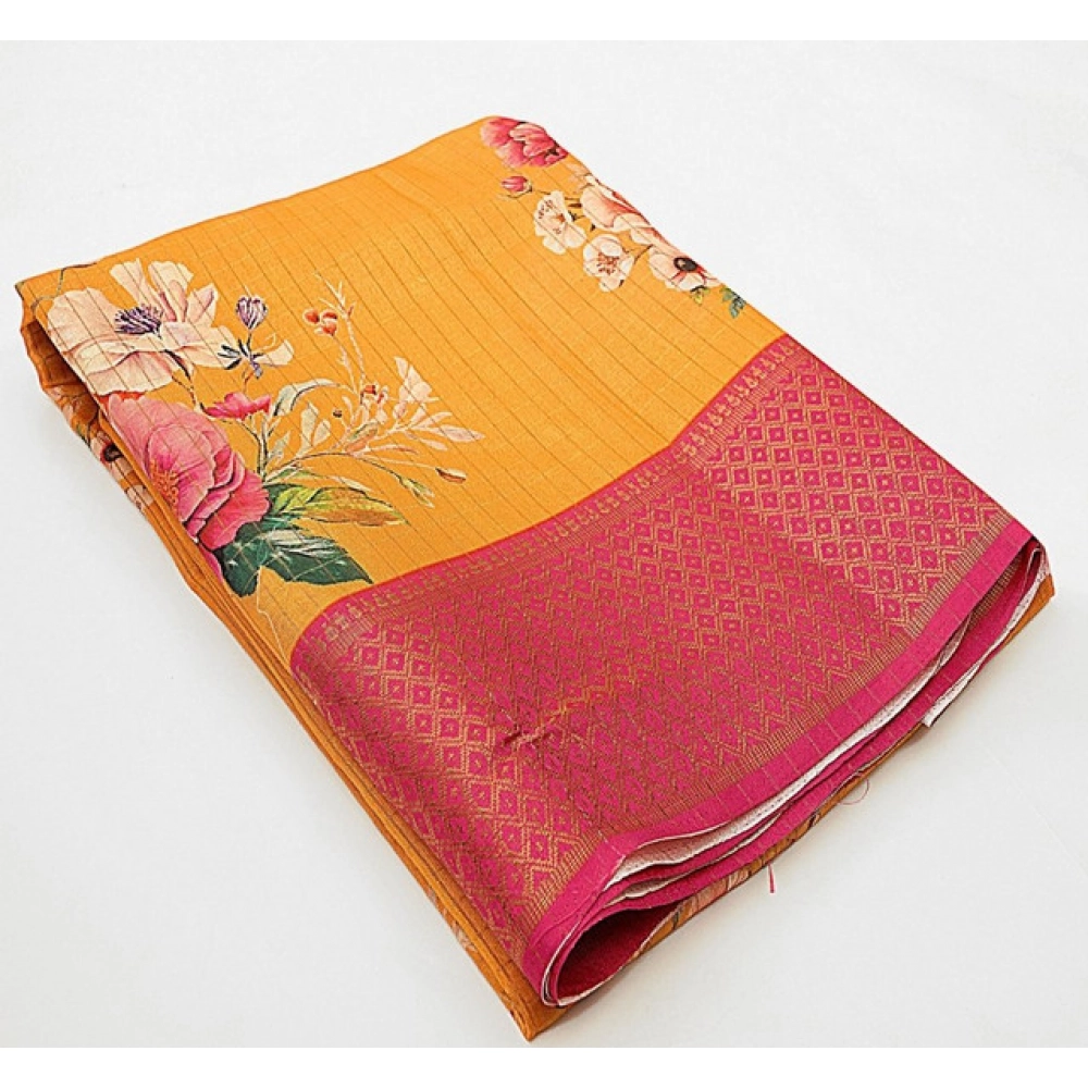 Women's Cotton Blend Floral Printed Saree With Unstitched Blouse 5.5Mtr (Yellow) - Image 3
