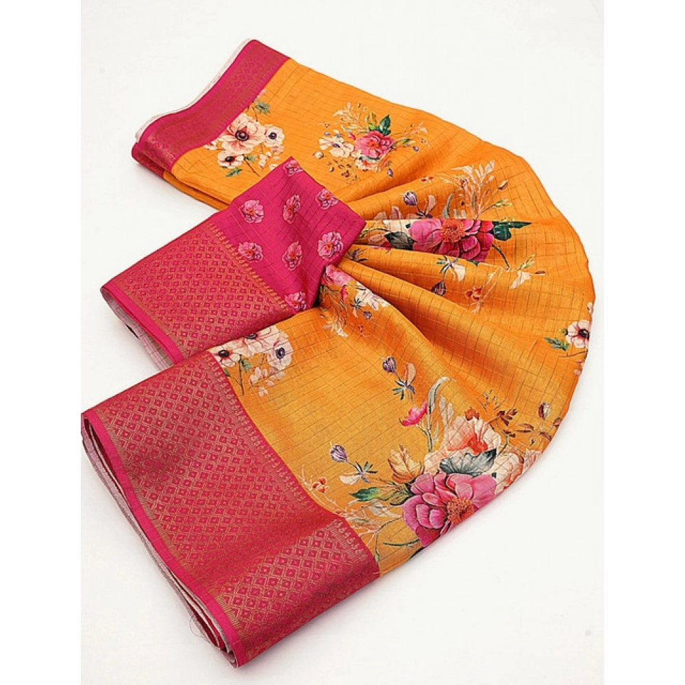 Women's Cotton Blend Floral Printed Saree With Unstitched Blouse 5.5Mtr (Yellow) - Image 2