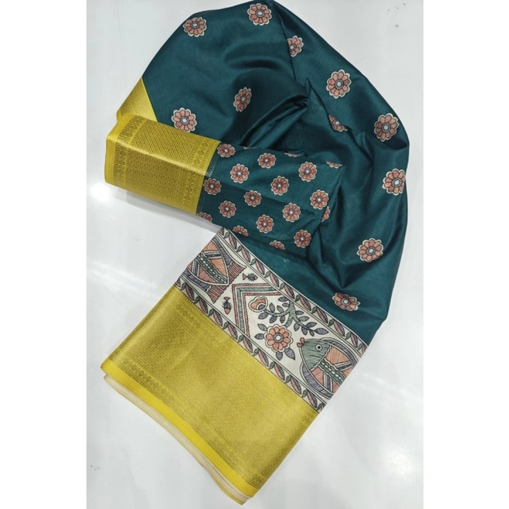 Women's Cotton Silk Printed Saree With Unstitched Blouse 5.5Mtr (Green)