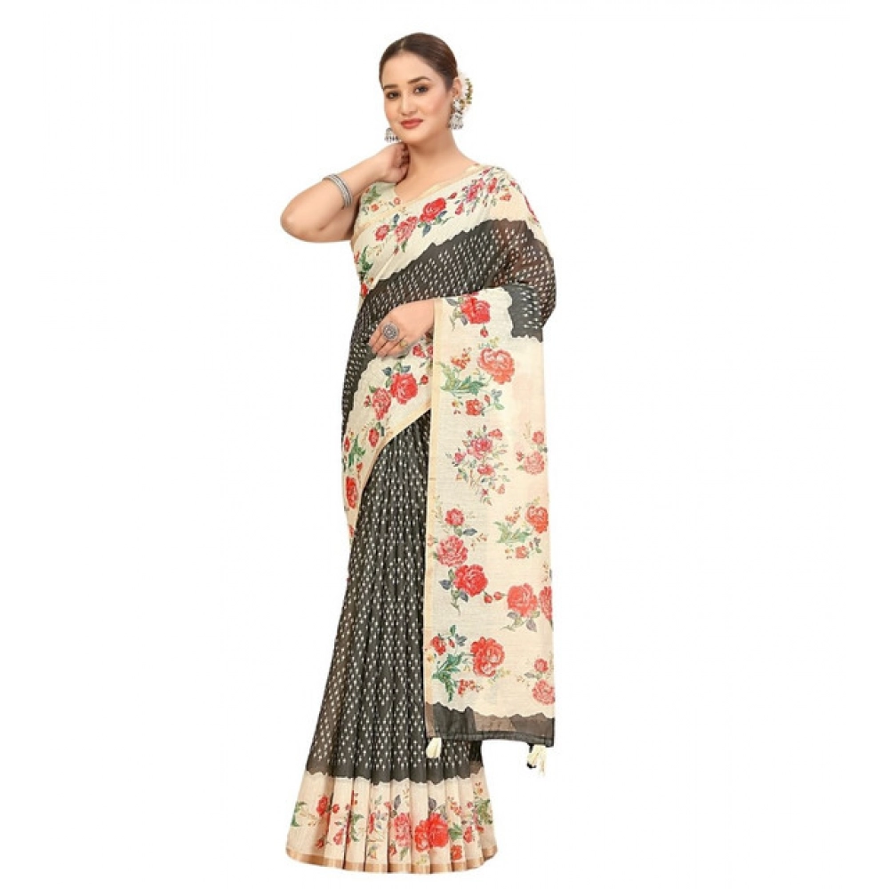 Women's Chanderi Floral Printed Saree With Unstitched Blouse 5.5Mtr (Black) - Image 6