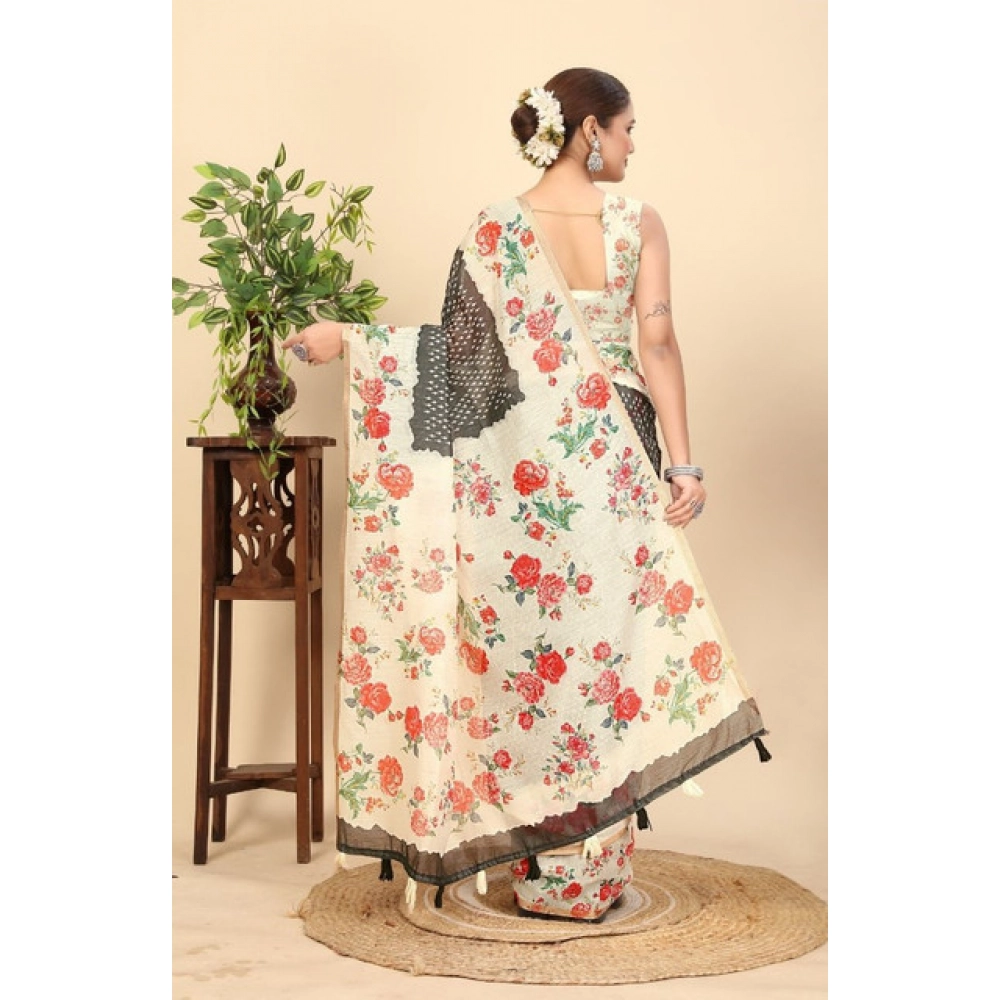 Women's Chanderi Floral Printed Saree With Unstitched Blouse 5.5Mtr (Black) - Image 5
