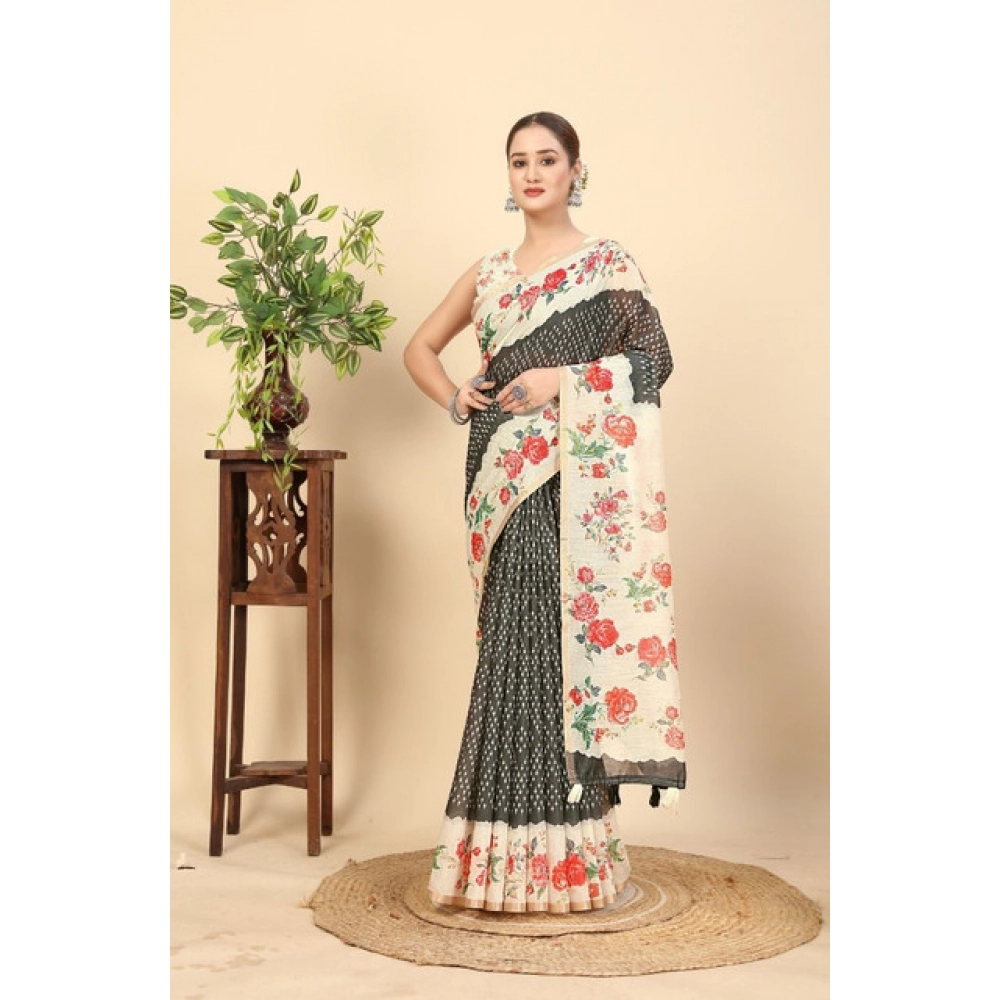 Women's Chanderi Floral Printed Saree With Unstitched Blouse 5.5Mtr (Black) - Image 4