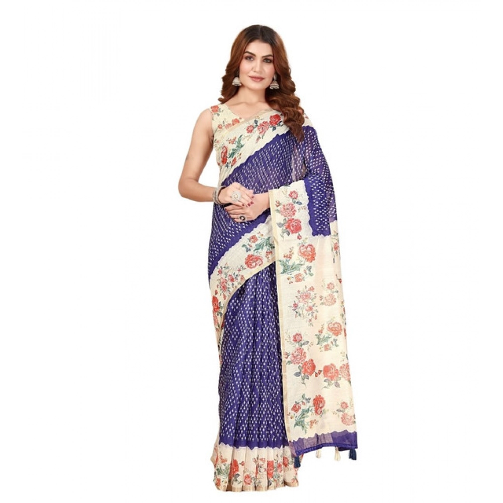 Women's Cotton Silk Floral Printed Saree With Unstitched Blouse 5.5Mtr (Blue) - Image 7