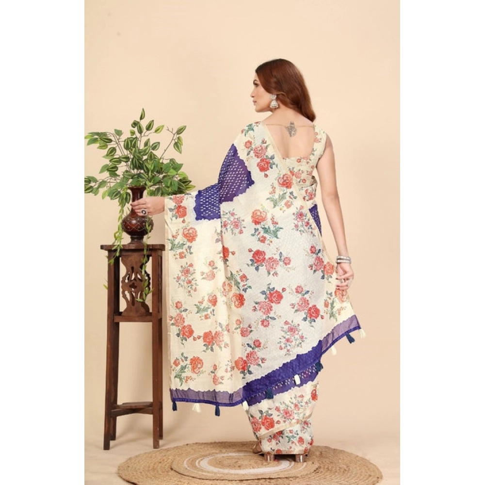 Women's Cotton Silk Floral Printed Saree With Unstitched Blouse 5.5Mtr (Blue) - Image 6