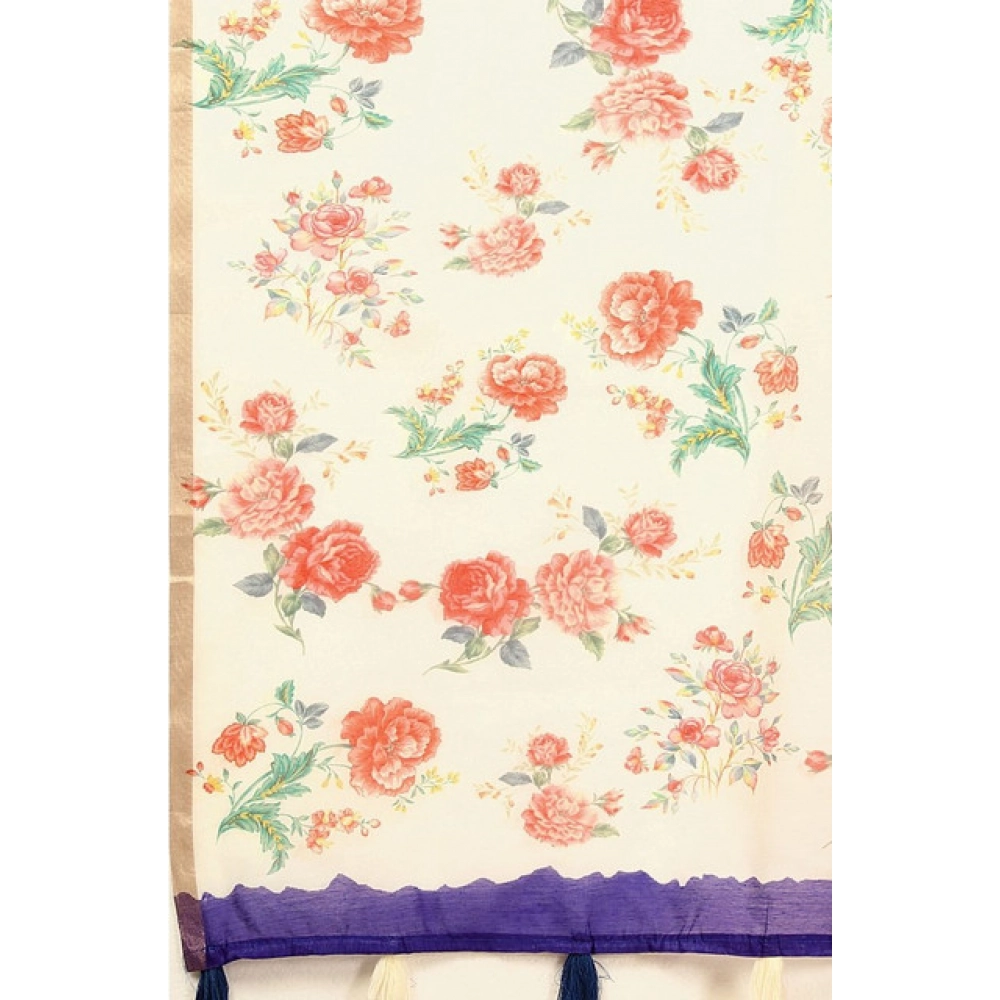 Women's Cotton Silk Floral Printed Saree With Unstitched Blouse 5.5Mtr (Blue) - Image 4