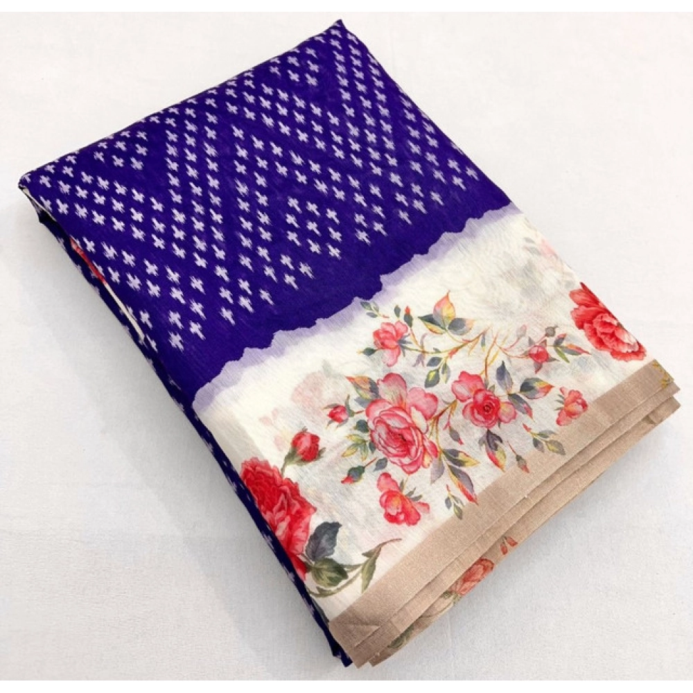 Women's Cotton Silk Floral Printed Saree With Unstitched Blouse 5.5Mtr (Blue) - Image 3