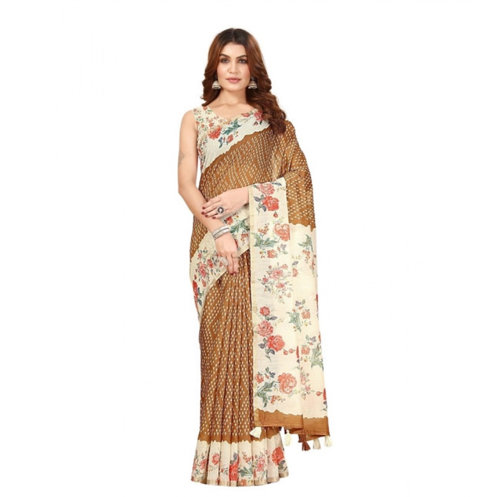 Women's Cotton Silk Floral Printed Saree With Unstitched Blouse 5.5Mtr (Brown) - Image 6