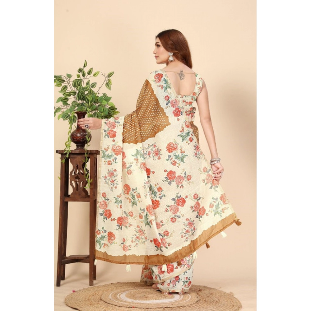 Women's Cotton Silk Floral Printed Saree With Unstitched Blouse 5.5Mtr (Brown) - Image 5