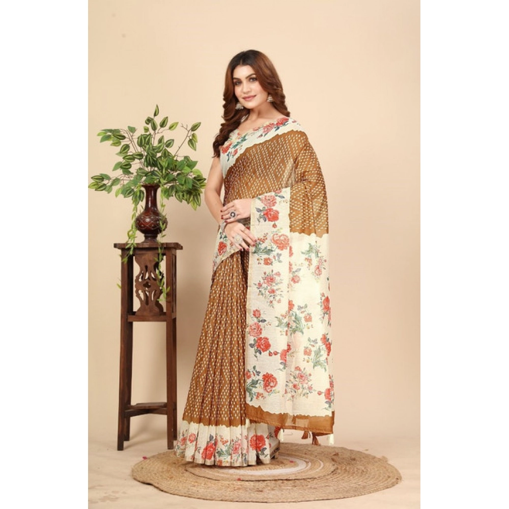 Women's Cotton Silk Floral Printed Saree With Unstitched Blouse 5.5Mtr (Brown) - Image 4