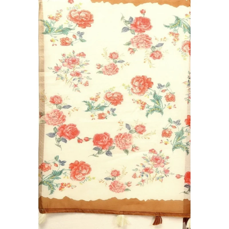 Alternative view of Women's Cotton Silk Floral Printed Saree With Unstitched Blouse 5.5Mtr (Brown)