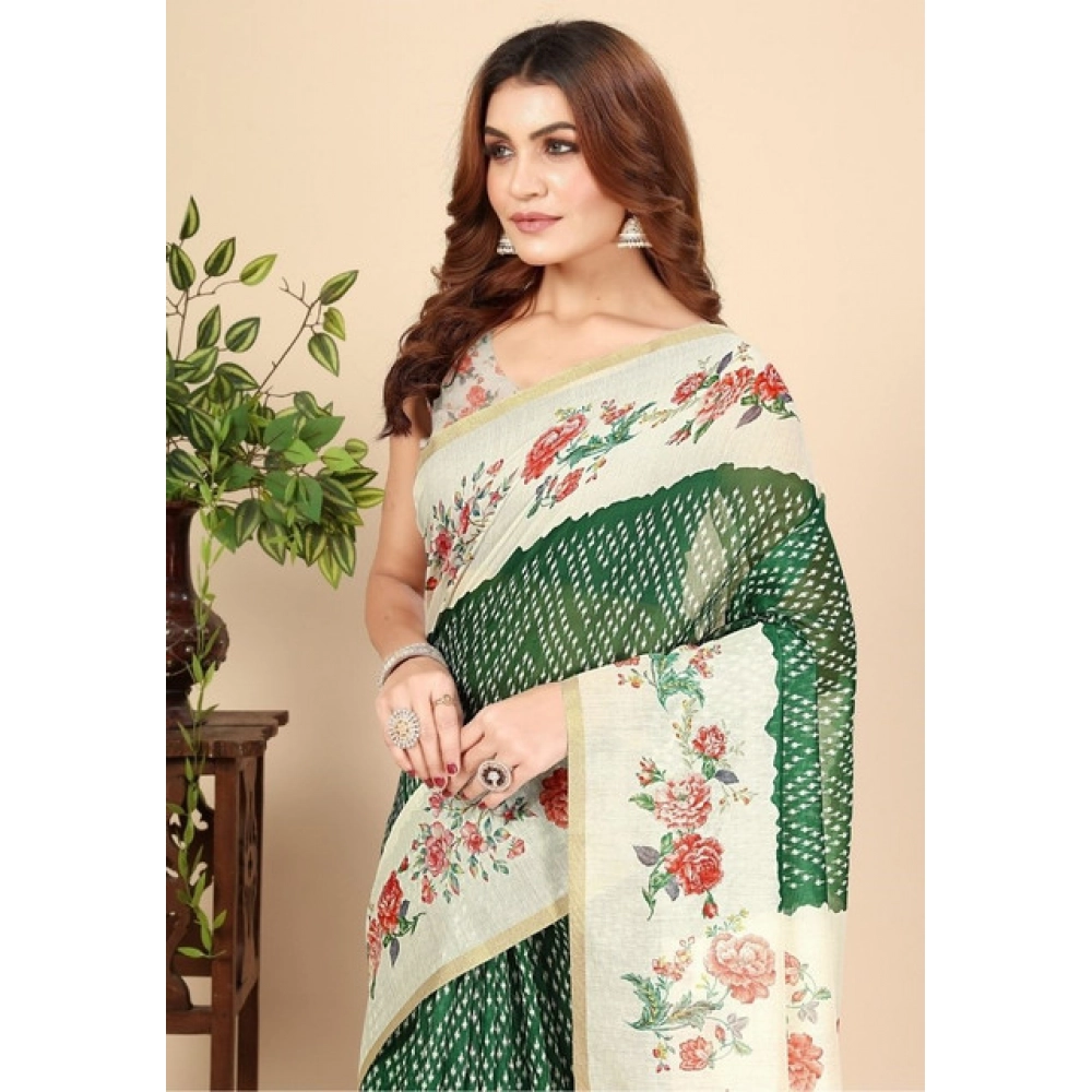 Women's Chanderi Floral Printed Saree With Unstitched Blouse 5.5Mtr (Green)