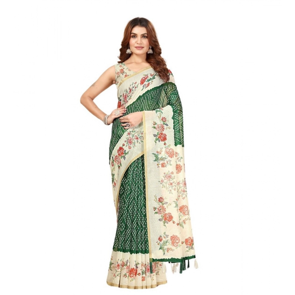 Women's Chanderi Floral Printed Saree With Unstitched Blouse 5.5Mtr (Green) - Image 6
