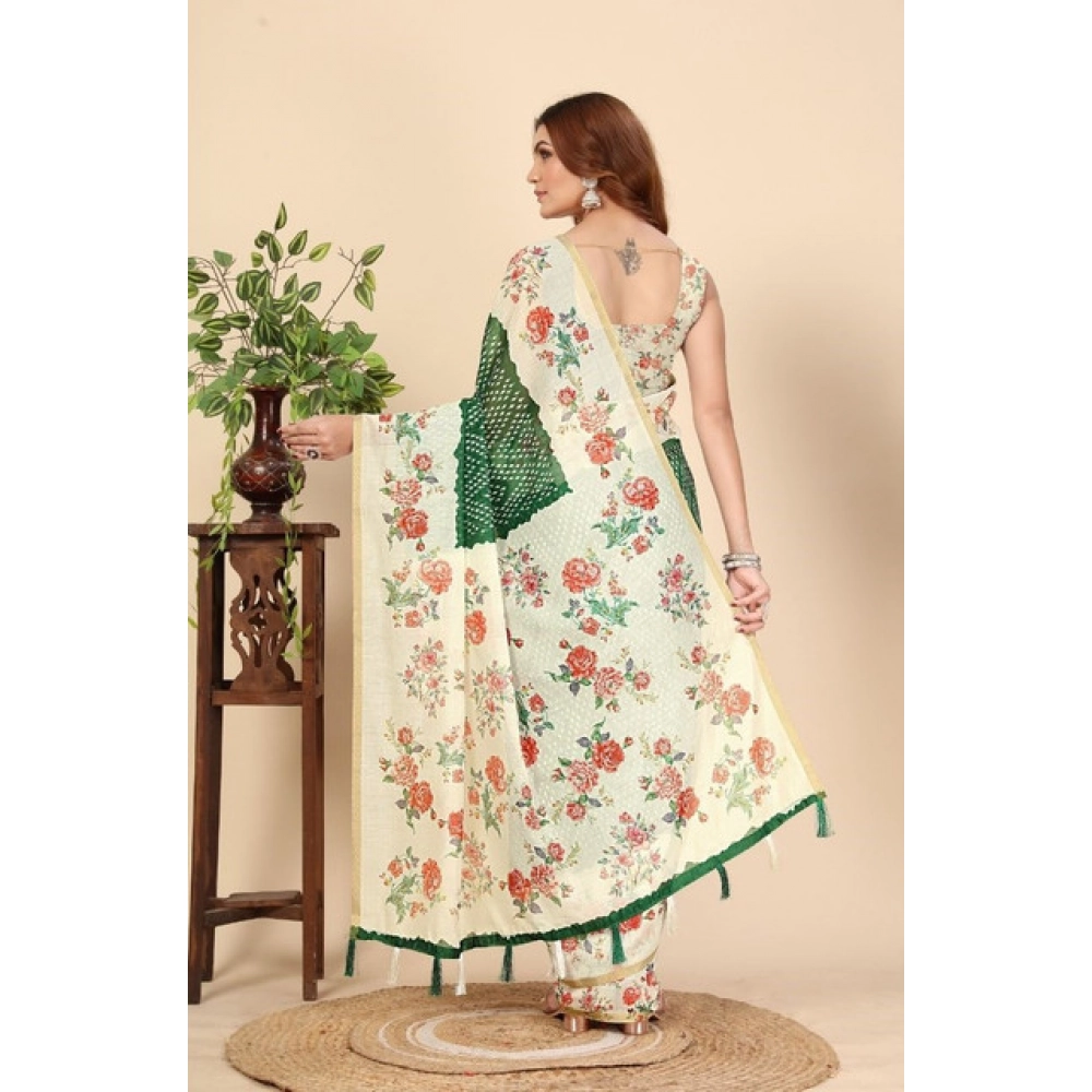 Women's Chanderi Floral Printed Saree With Unstitched Blouse 5.5Mtr (Green) - Image 5