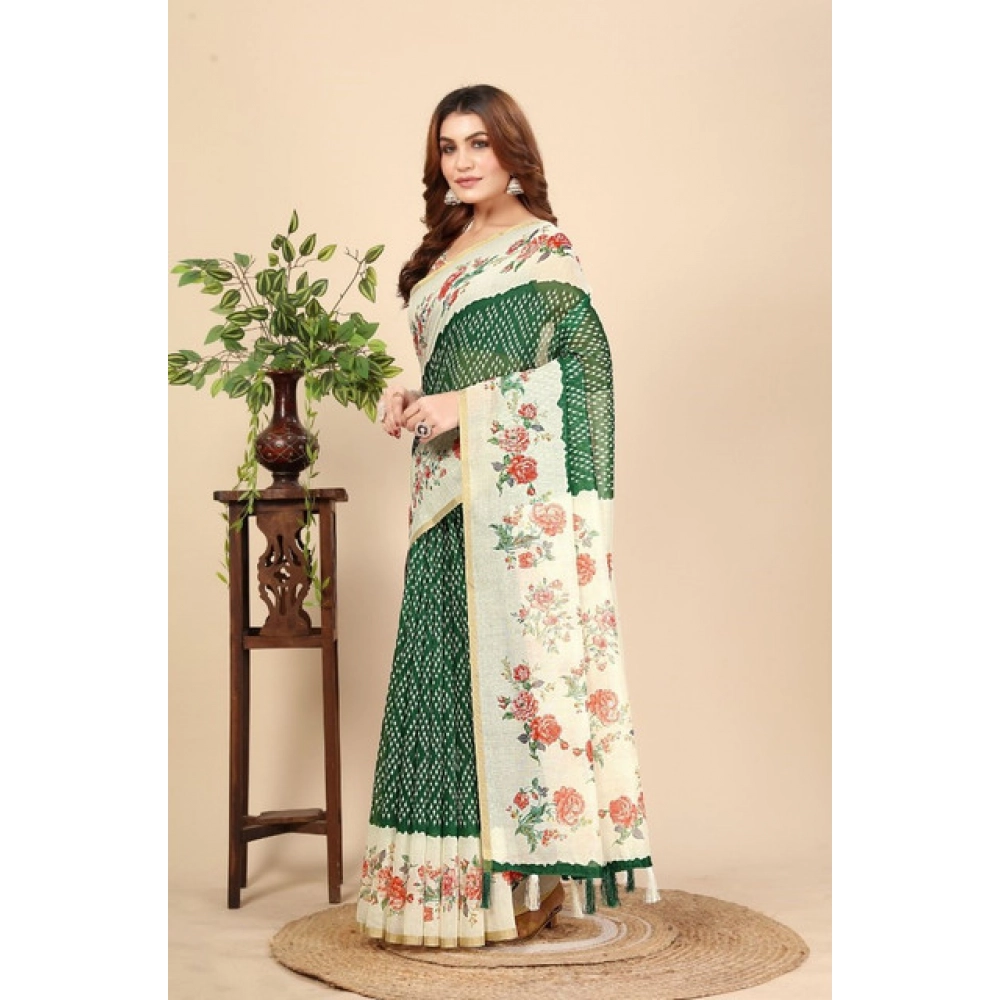 Women's Chanderi Floral Printed Saree With Unstitched Blouse 5.5Mtr (Green) - Image 4