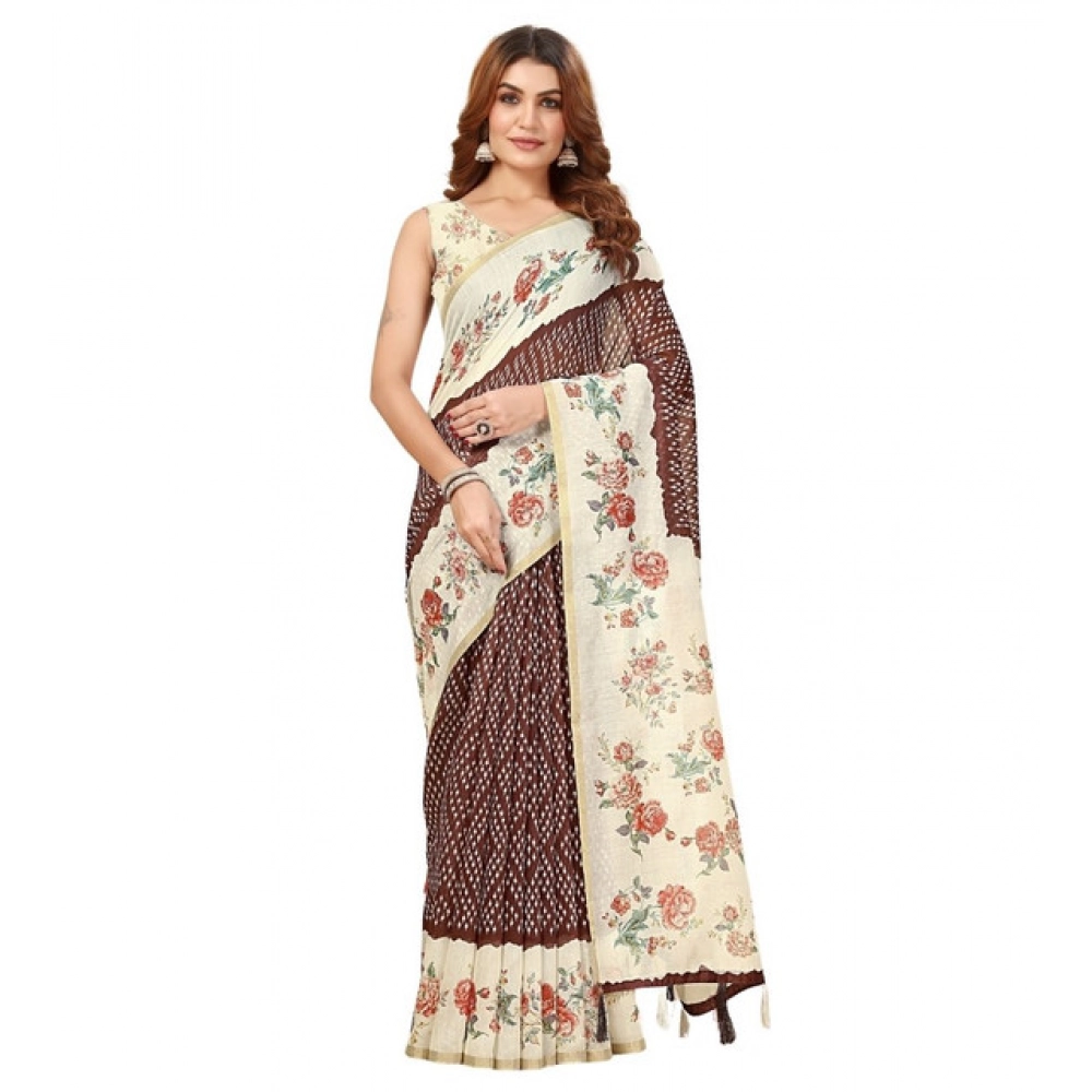 Women's Chanderi Floral Printed Saree With Unstitched Blouse 5.5Mtr (Maroon) - Image 6