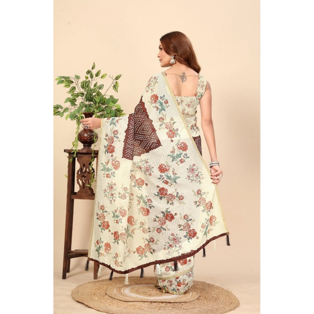 Women's Chanderi Floral Printed Saree With Unstitched Blouse 5.5Mtr (Maroon) - Image 5