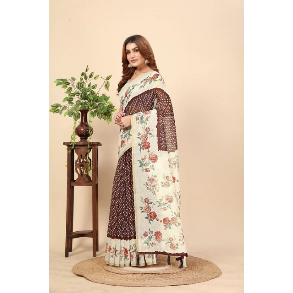 Women's Chanderi Floral Printed Saree With Unstitched Blouse 5.5Mtr (Maroon) - Image 4