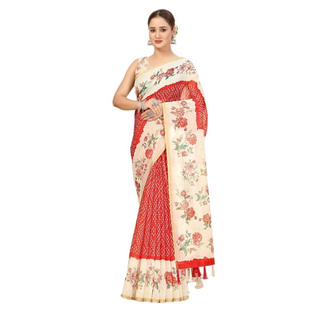 Women's Chanderi Floral Printed Saree With Unstitched Blouse 5.5Mtr (Red) - Image 7