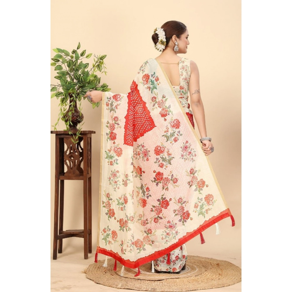Women's Chanderi Floral Printed Saree With Unstitched Blouse 5.5Mtr (Red) - Image 6