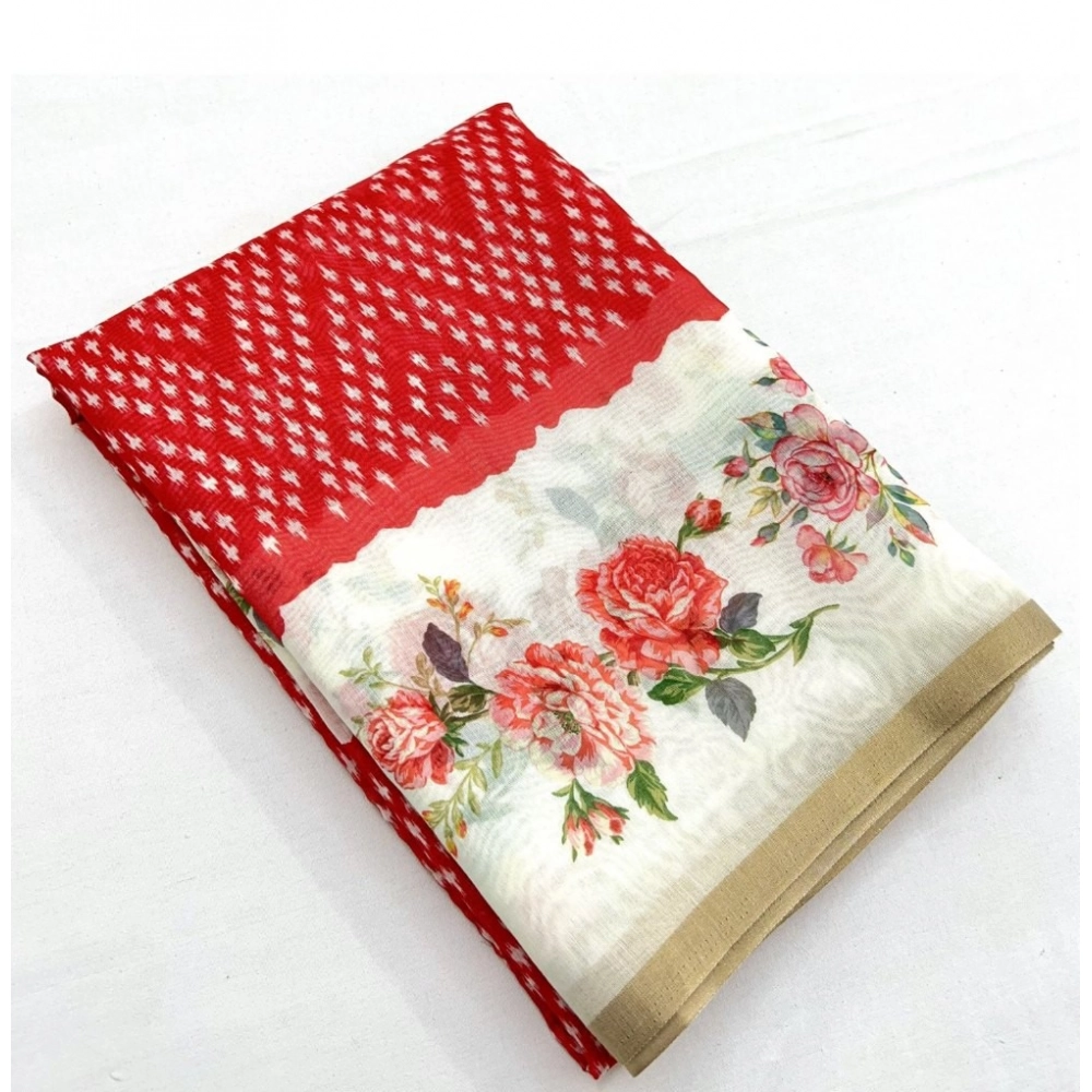 Women's Chanderi Floral Printed Saree With Unstitched Blouse 5.5Mtr (Red) - Image 4