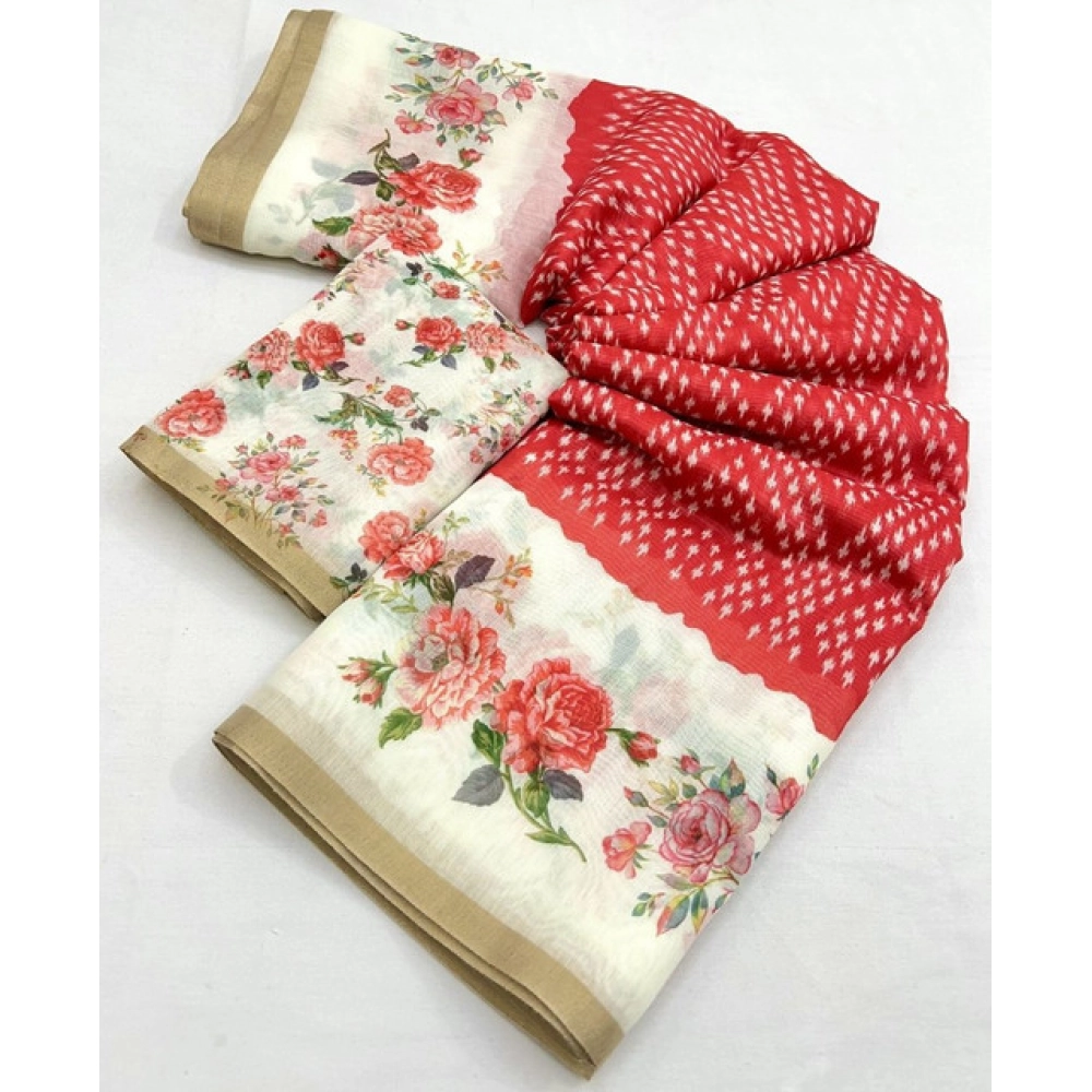 Women's Chanderi Floral Printed Saree With Unstitched Blouse 5.5Mtr (Red) - Image 3