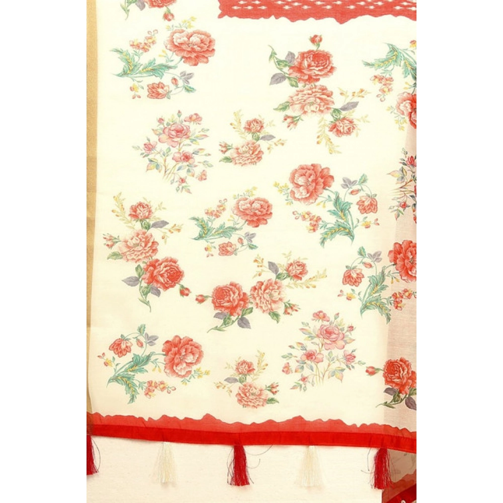 Women's Chanderi Floral Printed Saree With Unstitched Blouse 5.5Mtr (Red) - Image 2